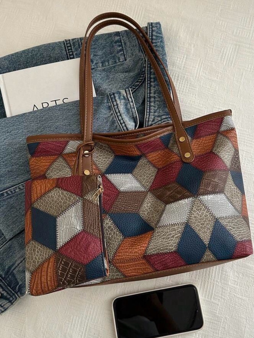Multicolor Geometric Tote with Matching Wallet - Brown Trim - Picture 3 of 5